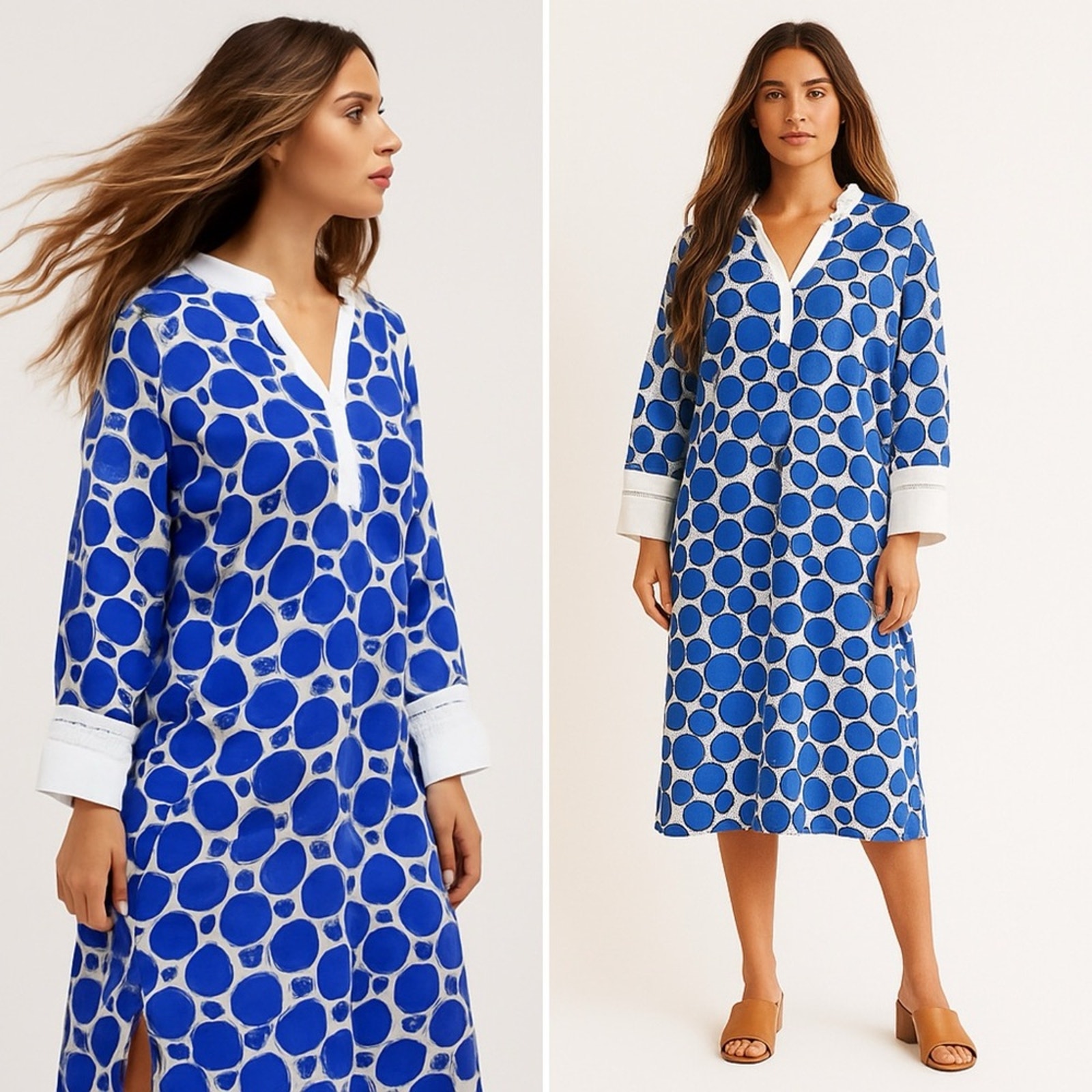 Harshman Ciel Polka-Dot Raglan-Sleeve Midi Dress Blue White Viscose M New